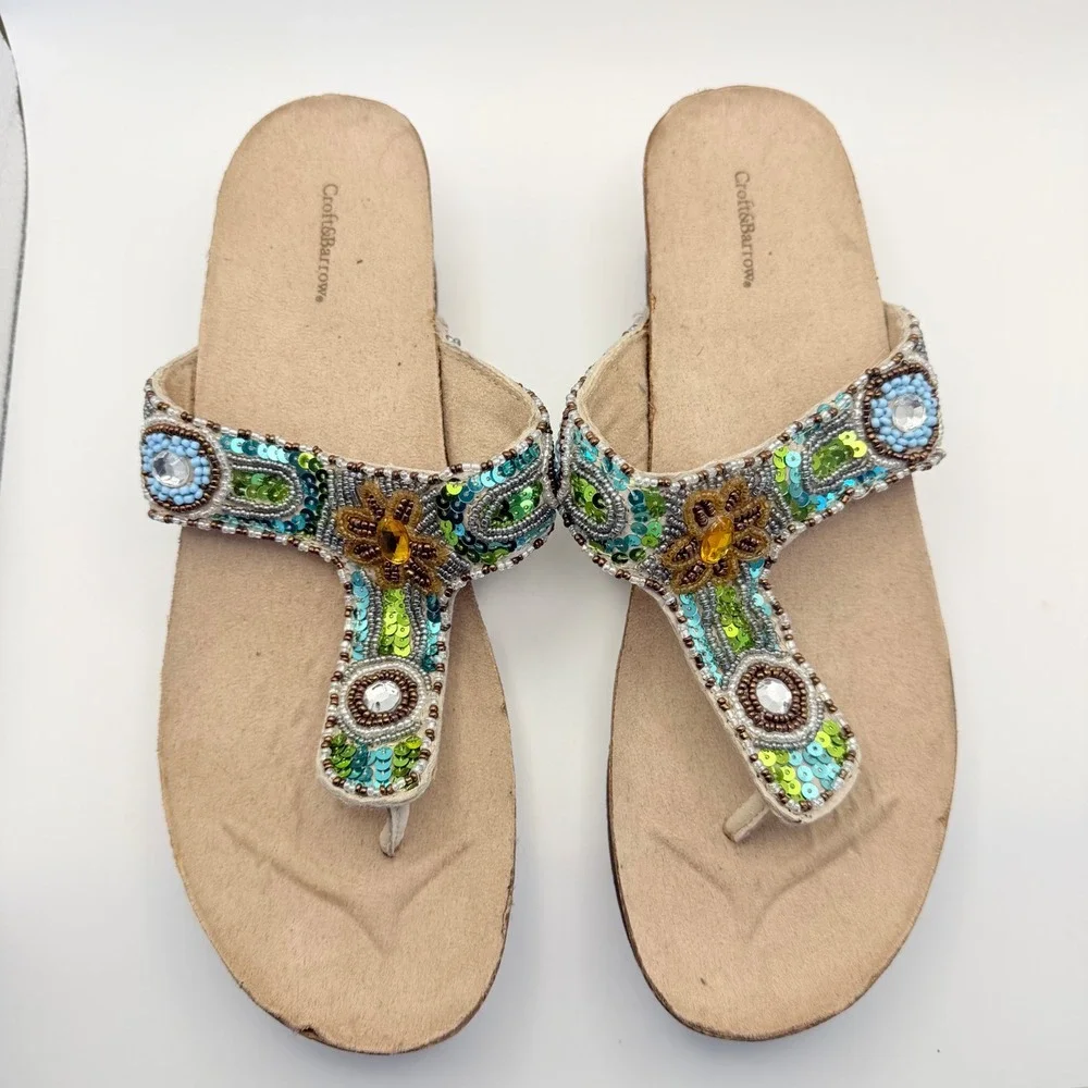 Vintage y2K Croft & Barrow Sequin Thong Wedges Sandals Embellished SZ 9.5